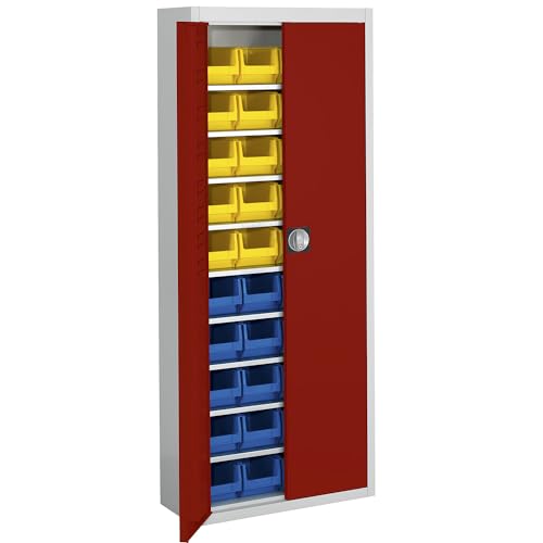 Mauser | Magazinschrank mit Sichtlagerkästen | HxBxT 1740 x 680 x 280 mm | zweifarbig | Korpus grau | Türen rot | 40 Kästen von Mauser