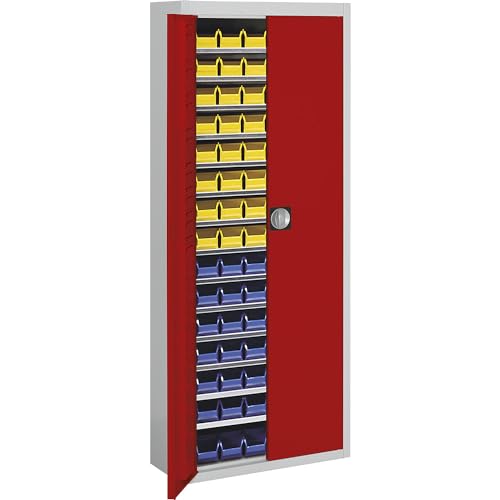 Mauser | Magazinschrank mit Sichtlagerkästen | HxBxT 1740 x 680 x 280 mm | zweifarbig | Korpus grau | Türen rot | 90 Kästen von Mauser