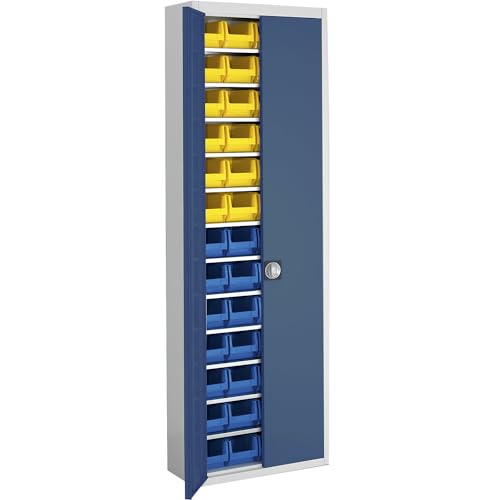 Mauser | Magazinschrank mit Sichtlagerkästen | HxBxT 2150 x 680 x 280 mm | zweifarbig | Korpus grau | Türen blau | 52 Kästen von Mauser
