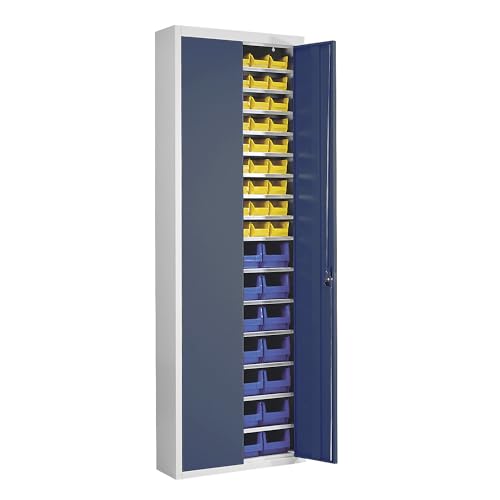 Mauser | Magazinschrank mit Sichtlagerkästen | HxBxT 2150 x 680 x 280 mm | zweifarbig | Korpus grau | Türen blau | 82 Kästen von Mauser