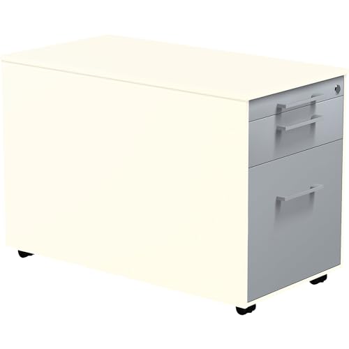 Mauser | Schubladencontainer auf Rollen | HxT 520 x 800 mm | 1 Materialschub | 1 Hängeregistratur | reinweiß/alusilber/reinweiß von Mauser