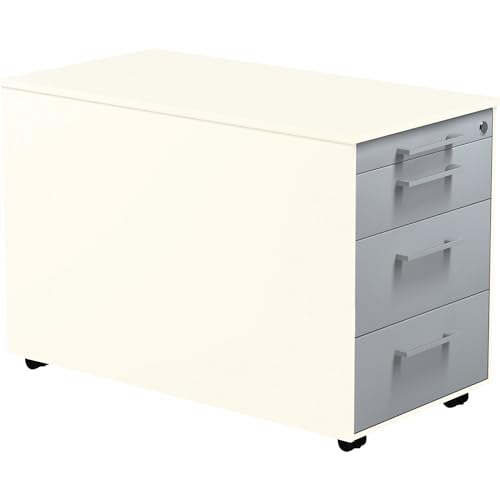 Mauser | Schubladencontainer auf Rollen | HxT 520 x 800 mm | 3 Materialschübe | reinweiß/alusilber/reinweiß von Mauser