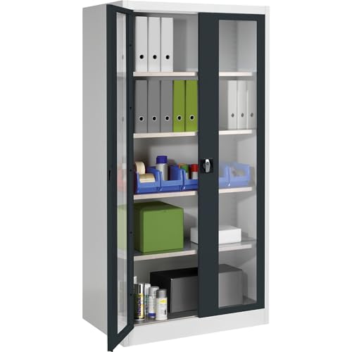 Mauser | Sichtfenster-Flügeltürschrank | mit 4 Fachböden | HxB 1950 x 950 mm | Tiefe 600 mm | lichtgrau/anthrazitgrau von Mauser