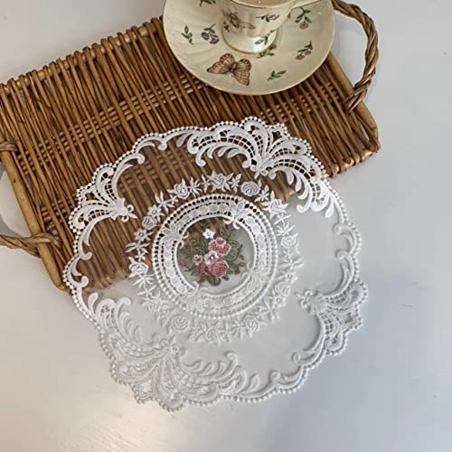 2Pcs Tischsets mit französischer Spitze, Exquisite Blumenstickerei Platzsets, Runde Deckchen Untersetzer Vasenmatte für Heimdekoration (weiß, Durchmesser 28 cm) von Mausouca