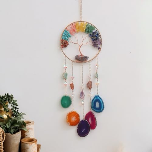 Moon Crystals Traumfänger Baum des Lebens, natürlicher Edelstein, Achat, Wandbehang für Fenster, Garten, Heimdekoration (Baum des Lebens, Stil B) von Mausouca