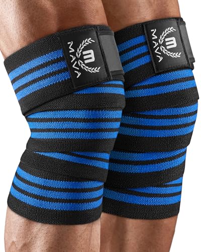 Mava Sports Kniebandage Krafttraining Kreuzheben Bodybuilding für Kniebeugen, Gewichtheben, Kraftdreikampf und Fitness | 182,9 cm, elastische Bandage für Männer und Frauen| Blau von Mava Sports