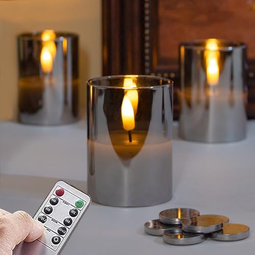 Mavandes 5cm x 7.5cm Echtglas Grau Flammenlose Teelicht LED Kerzen mit 6 Cr2450 Batterien,Packung mit 6 flackernden batteriebetriebenen kleinen Echtwachskerzen mit Timerfunktion und Fernbedienung von Mavandes