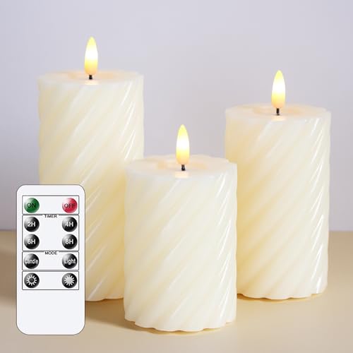 Mavandes Flammenlose LED-Kerzen mit Fernbedienung,Elfenbein batteriebetrieben flackernde Säule Pack von 3 echten Wachs Zeitsteuerung Kerzen (7,5x10,12,5,15cm) von Mavandes