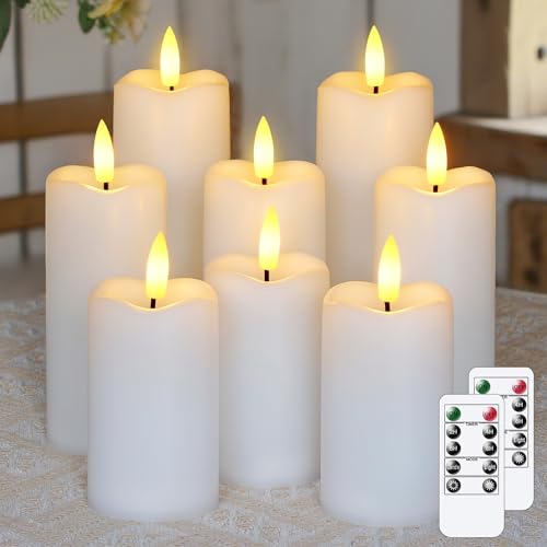 Mavandes Packung mit 8 flammenlos flackernden LED-Kerzen mit 2 Fernbedienungen und Timerfunktion, 5,3cm x 11cm 14cm 17cm Weiße batteriebetriebene Kunststoffkerzen von Mavandes