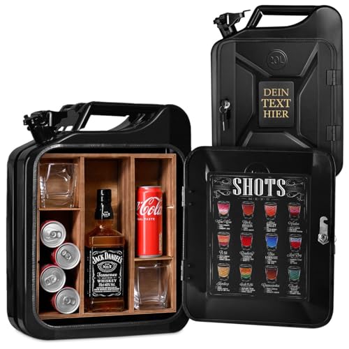 Maverton 20L Kanister Bar mit Gravur Jerrycan 4 Herausnehmbaren Fächern schwarzer Metall Mobile Bar Geburtstagsgeschenk für Männer, Abschließbarer Minibar - Größe: 36x46x18cm von Maverton