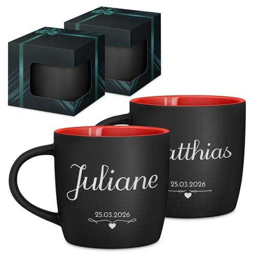Maverton 2er Keramik Tassen Set mit Gravur - 400 ml - matt schwarz - Innen rot - Tasse personalisiert - Kaffeebecher Teetasse - Hochzeitsgeschenke für Brautpaar - personalisierte Geschenke Maverton 2er Keramik Tassen Set mit Gravur - 400 ml - matt schwarz - Innen rot - Tasse personalisiert - Kaffeebecher Teetasse - Hochzeitsgeschenke für Brautpaar - personalisierte Geschenke von Maverton