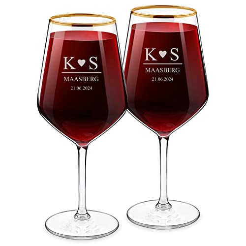 Maverton 2er Weingläser Set mit Gravur 530 ml - XL 2 Weinkelche mit Goldrand - Ø 9 cm, H: 22 cm - 2 Wine Glasses für Paare - zur Hochzeit - zum Hochzeitsjubiläum - zu Weihnachten - Herz von Maverton