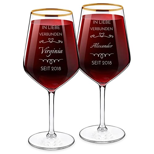 Maverton 2er Weingläser Set mit Gravur 530 ml - XL 2 Weinkelche mit Goldrand - Ø 9 cm, H: 22 cm - 2 Wine Glasses für Paare - zur Hochzeit - zum Hochzeitsjubiläum - zu Weihnachten - Bund von Maverton