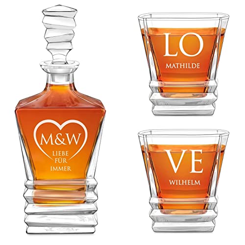 Maverton 800 ml Whiskey Karaffe + 2 Whiskygläser mit Gravur - Whisky Dekanter mit luxuriösem Design - Kristallglas für Paar zur Hochzeit - zum Hochzeitstag - zu Weihnachten - Love von Maverton