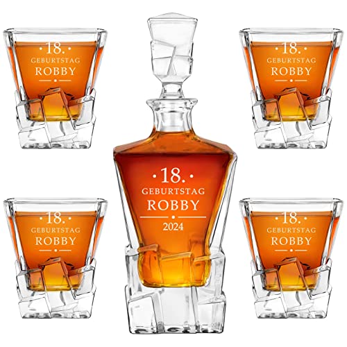 Maverton 950 ml Whiskey Karaffe + 2/4 / 6er Whiskygläser Set mit Gravur - Whisky Dekanter - luxuriöses Design - Kristallglas - für Männer zum Geburtstag - Jahr von Maverton