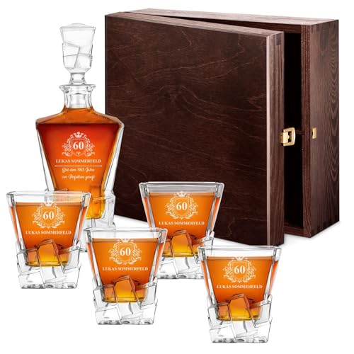 Maverton 950 ml Whiskey Karaffe + 2/4 / 6er Whiskygläser Set mit Gravur - Whisky Dekanter - Weihnachtsgeschenke - luxuriöses Design - Kristallglas - für Männer zum Geburtstag - Krone von Maverton