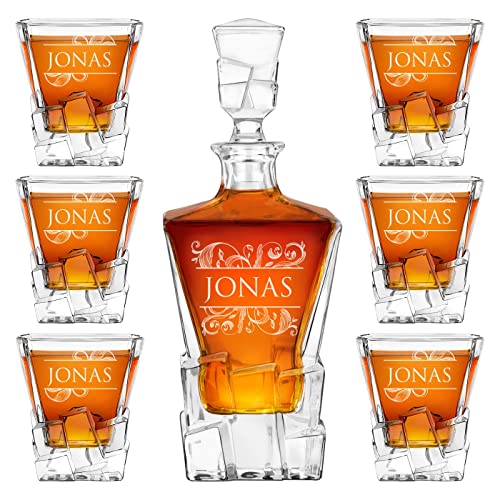 Maverton 950 ml Whiskey Karaffe + 2/4 / 6er Whiskygläser Set mit Gravur - Whisky Dekanter - luxuriöses Design - Kristallglas - für Männer zum Geburtstag - Vorname von Maverton