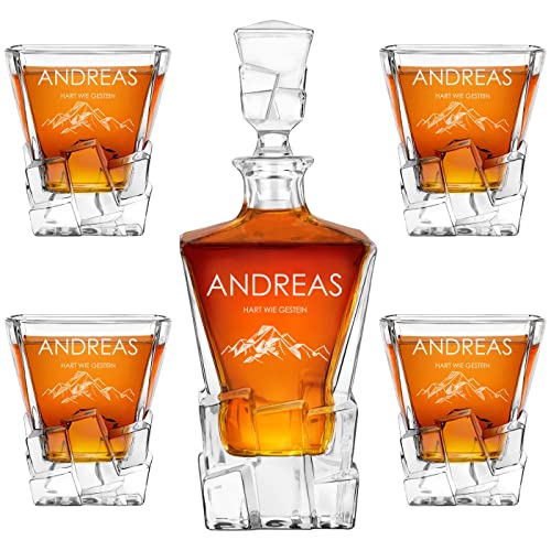 Maverton 950 ml Whiskykaraffe + 2/4 / 6er Whisky Gläser Set mit Gravur - Whiskey Dekanter - luxuriöses Design - Kristallglas - für Männer zum Geburtstag - Berge von Maverton