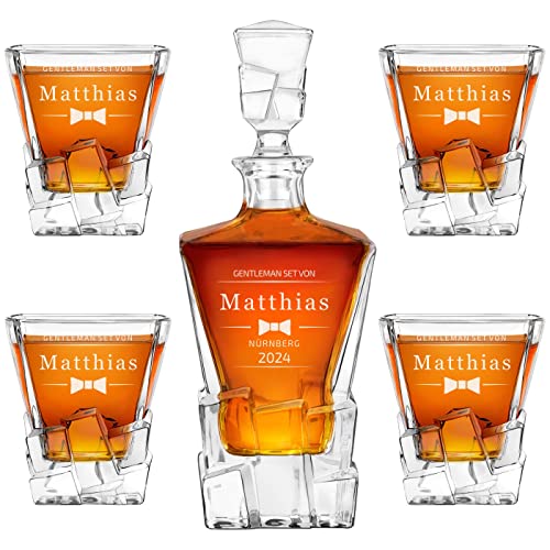 Maverton 950 ml Whiskykaraffe + 2/4 / 6er Whisky Gläser Set mit Gravur - Whiskey Dekanter - luxuriöses Design - Kristallglas - für Männer zum Geburtstag - Fliege von Maverton