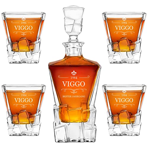 Maverton 950 ml Whiskykaraffe + 2/4 / 6er Whisky Gläser Set mit Gravur - Whiskey Dekanter - luxuriöses Design - Kristallglas - für Männer zum Geburtstag - Guter Jahrgang von Maverton