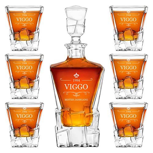 Maverton 950 ml Whiskykaraffe + 2/4 / 6er Whisky Gläser Set mit Gravur - Whiskey Dekanter - luxuriöses Design - Kristallglas - für Männer zum Geburtstag - Guter Jahrgang von Maverton