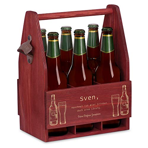 Maverton Bierträger für 6 Flaschen 0,5L + Gravur - Männerhandtasche mit Flaschenöffner - Größe: 25x17x32cm - aus Holz - Geburtstagsgeschenk für Männer (Gute Lösung) von Maverton