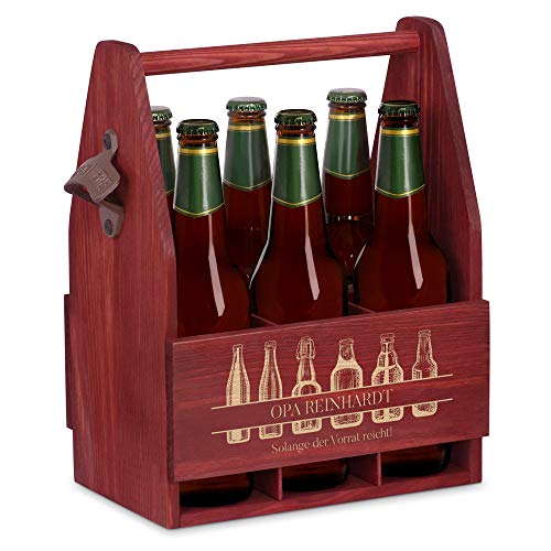 Maverton Bierträger für 6 Flaschen 0,5L + Gravur - Männerhandtasche mit Flaschenöffner - Größe: 25x17x32cm - aus Holz - Geburtstagsgeschenk für Männer (Vorrat) von Maverton