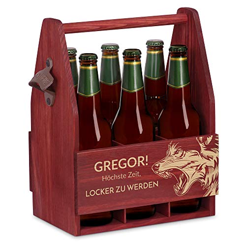 Maverton Bierträger für 6 Flaschen 0,5L + Gravur - Männerhandtasche mit Flaschenöffner - Größe: 25x17x32cm - aus Holz - Geburtstagsgeschenk für Männer (Wolf) von Maverton