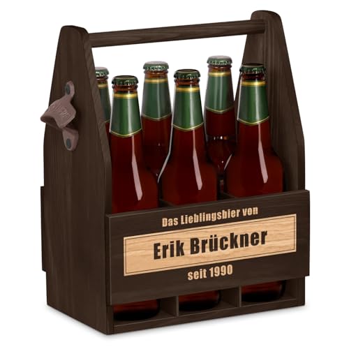 Maverton Bierträger für 6 Flaschen 0,5L mit Gravur - Männerhandtasche mit Flaschenöffner - Größe: 25x17x32cm - aus Holz - Geburtstagsgeschenk - personalisierte Geschenke für Männer von Maverton