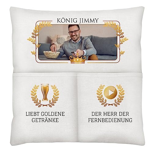 Maverton Dekokissen mit Aufdruck - Baumwollkissen mit Füllung und Bezug 45x45cm - personalisiertes Kissen mit 2 Fächern und Reißverschluss - für Männer und Jungen - Beige - König von Maverton