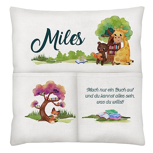 Maverton Dekokissen mit Aufdruck - Baumwollkissen mit Füllung und Bezug 45x45cm - personalisiertes Kissen mit 2 Fächern und Reißverschluss - für Männer und Jungen - Beige -Tiere von Maverton