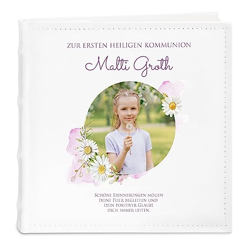 Maverton Einsteckalbum + mit Aufdruck - Fotoalbum für 200 Fotos 10x15-100 Seiten - Größe: 21x22cm - Weiß - Geschenk für Kind zur Erstkommunion - Gänseblümchen von Maverton