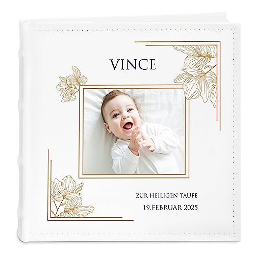 Maverton Einsteckalbum mit Aufdruck - Fotoalbum für 200 Fotos 10x15-50 Seiten - Größe: 21x22cm - Weiß - personalisierte Geschenke für Kind zur Taufe Geburt - Geburtstagsgeschenk von Maverton