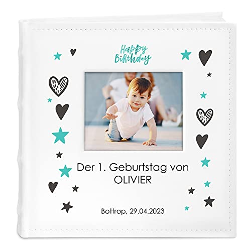 Maverton Einsteckalbum + mit Aufdruck - für 200 Fotos 10x15-100 weiße Seiten - Größe 21x22cm - Weiß - Geschenk für Kind zur Geburt Taufe zum Geburtstag - Herzen von Maverton