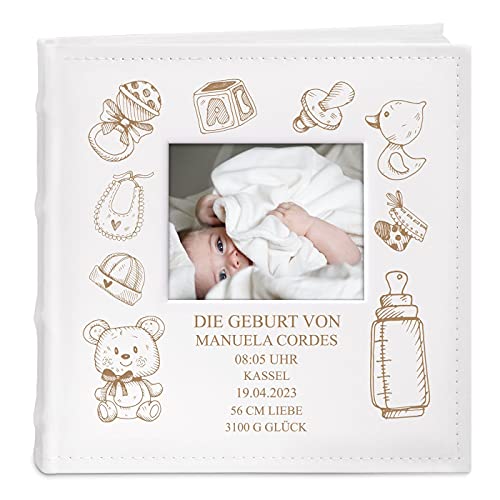 Maverton Einsteckalbum + mit Gravur - 21x22cm - Fotoalbum für 200 Fotos 10x15cm - 100 Seiten - Weiß - Geschenk für Kind zur Geburt Taufe Kommunion, Geburtstagsgeschenk - Glück von Maverton