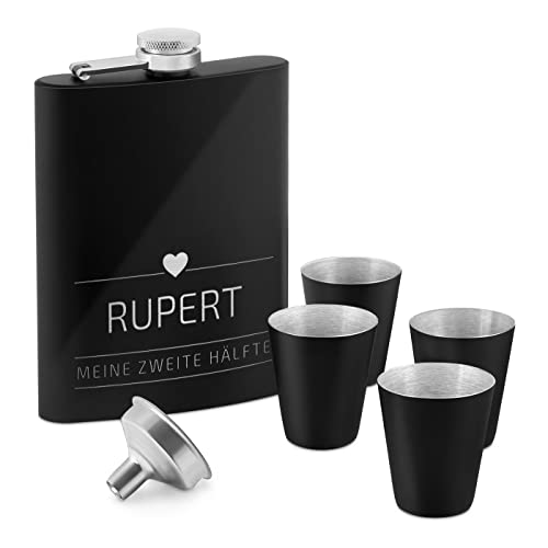 Maverton Flachmann Set 200 ml mit Gravur - Taschenflasche + 4 Schnapsgläsern 20 ml mit Trichter - Brustflasche für Männer - Farbe: mattschwarz - Herzchen von Maverton