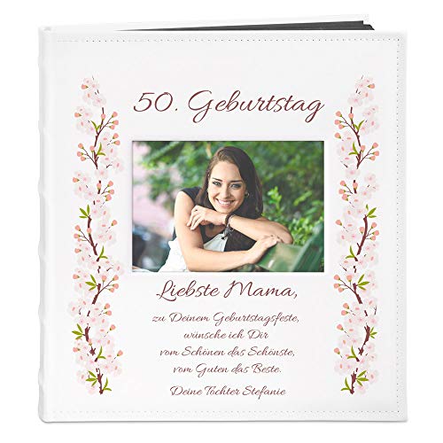 Maverton Fotoalbum zum Selbstgestalten mit Bildausschnitt + mit Aufdruck - für 240 Fotos 10x15-60 schwarze Seiten - Größe 33x30cm - Weiß - Geschenk zum Geburtstag für Damen - Blumen von Maverton