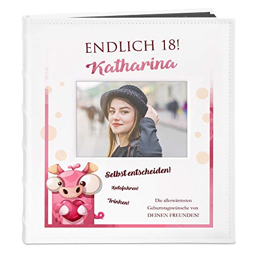 Maverton Fotoalbum zum Selbstgestalten mit Bildausschnitt + mit Aufdruck - für 240 Fotos 10x15-60 schwarze Seiten - Größe 33x30cm - Weiß - Geschenk zum Geburtstag für Damen - Endlich 18! von Maverton