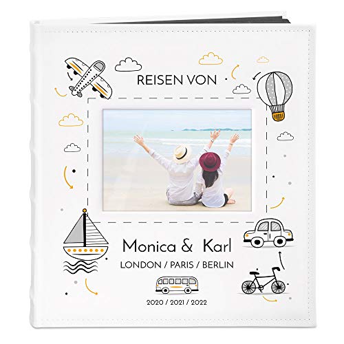 Maverton Fotoalbum zum Selbstgestalten mit Bildausschnitt + mit Aufdruck - für 240 Fotos 10x15-60 schwarze Seiten - Größe 33x30cm - Weiß - Geschenk zur Hochzeit zum Hochzeitstag - Reisen von Maverton