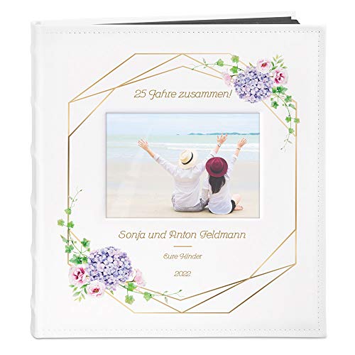 Maverton Fotoalbum zum Selbstgestalten mit Bildausschnitt + mit Aufdruck - für 240 Fotos 10x15-60 schwarze Seiten - Größe 33x30cm - Weiß - Geschenk zur Hochzeit zum Hochzeitstag - Silberhochzeit von Maverton