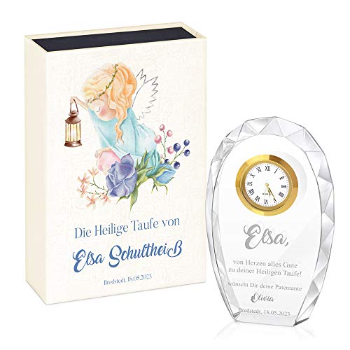 Maverton Glas-Statuette mit Uhr - Statuette mit Gravur - in personalisierter Box - Kristall Statuette - Uhr mit 3D-Gravur - Taufe Kommunion Konfirmation - religiös - für Patenkind - Laterne von Maverton