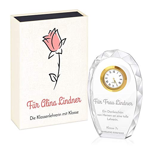 Maverton Glas-Statuette mit Uhr - Statuette mit Gravur - in personalisierter Box - Kristall Statuette - Uhr mit 3D-Gravur - für Lehrer - Pädagoge - Erzieher - Rose von Maverton