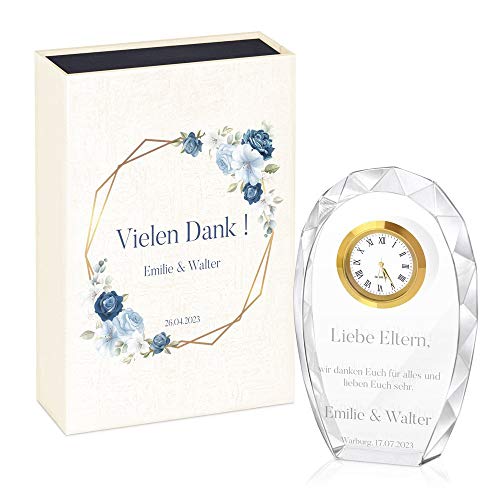 Maverton Glas-Statuette mit Uhr - Statuette mit Gravur - in personalisierter Box - Kristall Statuette - Uhr mit 3D-Gravur - für Paare - Ehepaare - Brautpaare - Kranz von Maverton