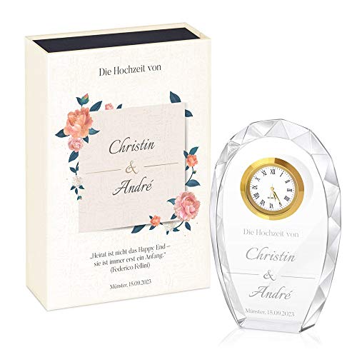 Maverton Glas-Statuette mit Uhr - Statuette mit Gravur - in personalisierter Box - Kristall Statuette - Uhr mit 3D-Gravur - für Paare - Ehepaare - Brautpaare - Rosen von Maverton