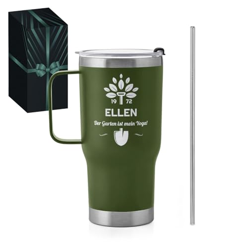 Maverton Grüner 600 ml Thermobecher mit Griff - Trinkbecher mit Deckel und Strohhalm - Edelstahl Kaffeebecher to go 100% dicht - personalisierte Geschenke für Frauen zum Geburtstag - Frauengeschenk von Maverton