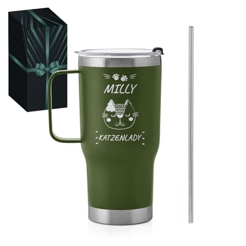 Maverton Grüner 600 ml Thermobecher mit Griff - Trinkbecher mit Deckel und Strohhalm - Edelstahl Kaffeebecher to go 100% dicht - personalisierte Geschenke für Frauen zum Geburtstag - Frauengeschenk von Maverton