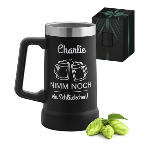 Maverton Isoliertes Bierglas mit Gravur 700 ml Schwarz- Edelstahl personalisierter Bierkrug für Bierfreunde - mit Henkel - Männergeschenke - Bier Geschenke für Männer von Maverton