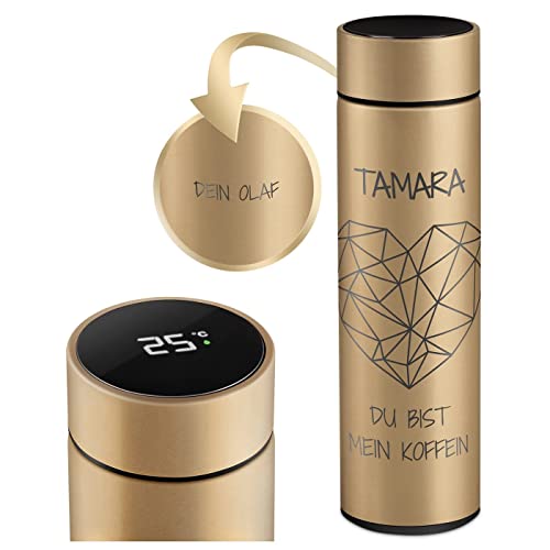 Maverton Kaffee Thermobecher 450 ml mit Gravur - Kaffeebecher mit LED-Touch-Anzeige - auslaufsicher 100% dicht - Weihnachtsgeschenke - Reisebecher aus Edelstahl für Frauen - Farbe: gold - Koffein von Maverton