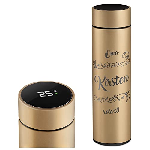 Maverton Kaffee Thermobecher 450 ml mit Gravur - Kaffeebecher mit LED-Touch-Anzeige - auslaufsicher 100% dicht - Reisebecher aus Edelstahl für Frauen - Farbe: gold - Relax von Maverton
