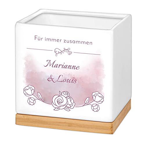 Maverton Keramik Blumentopf mit Untersetzer - Pflanzkübel mit Aufdruck - Übertopf quadratisch - Dekotopf für Paare - zur Hochzeit - zum Hochzeitstag - personalisiert - Weiß - blassrosa von Maverton